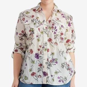 Floral Button-Front Women's Shirt - White with Multi-Color Blooms